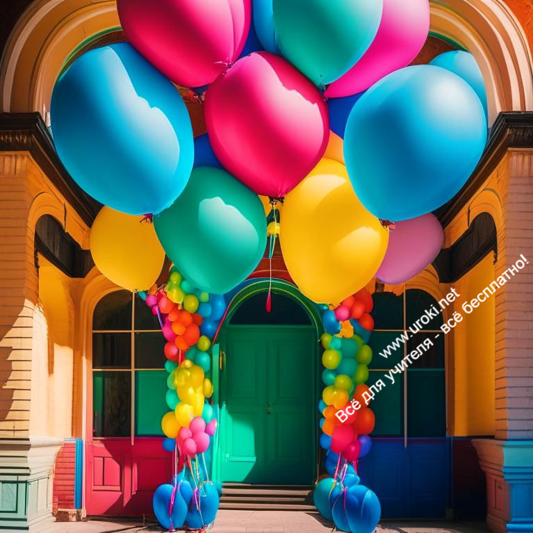 Вход в школу, украшенный на праздник Выпускного вечера огромными  разноцветными воздушными шарами.
